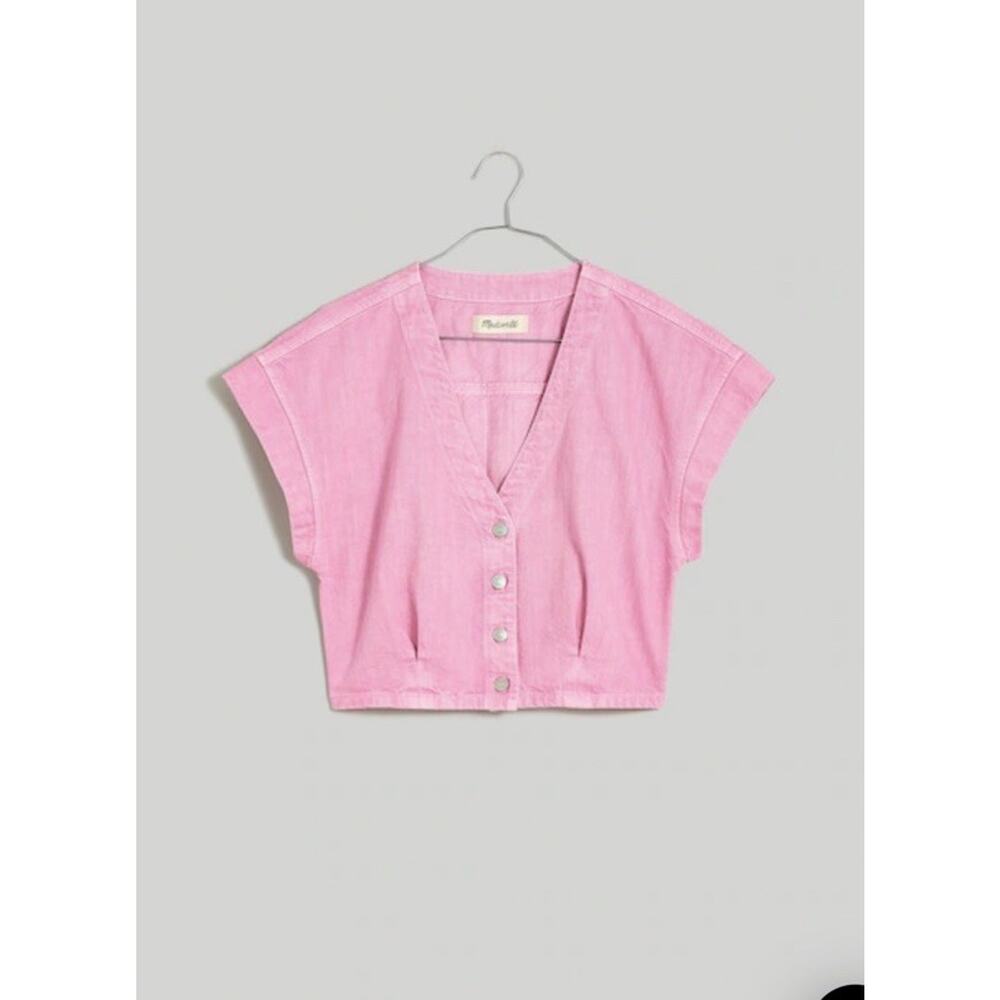 Madewell Denim Cap-Sleeve Crop Top sz 12 NWT Pink Garment Dyed Buttons Large